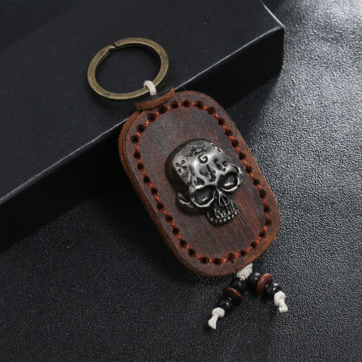 3D Punk Skull Dekor Anhänger Leder Schlüsselanhänger - Braun - image 0