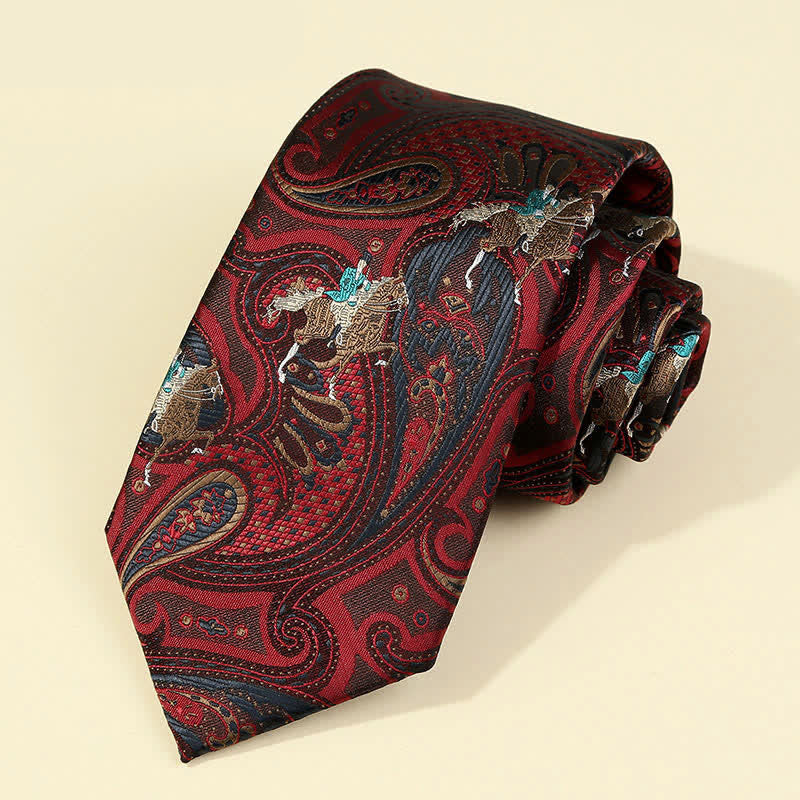 Burgundische Herren-Krawatte mit Pferde Paisley Stickerei