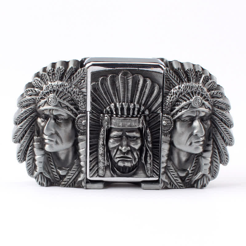 Herren DIY Indian Chief Head Ledergürtel mit verdecktem Feuerzeug