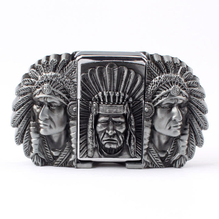 Herren DIY Indian Chief Head Ledergürtel mit verdecktem Feuerzeug