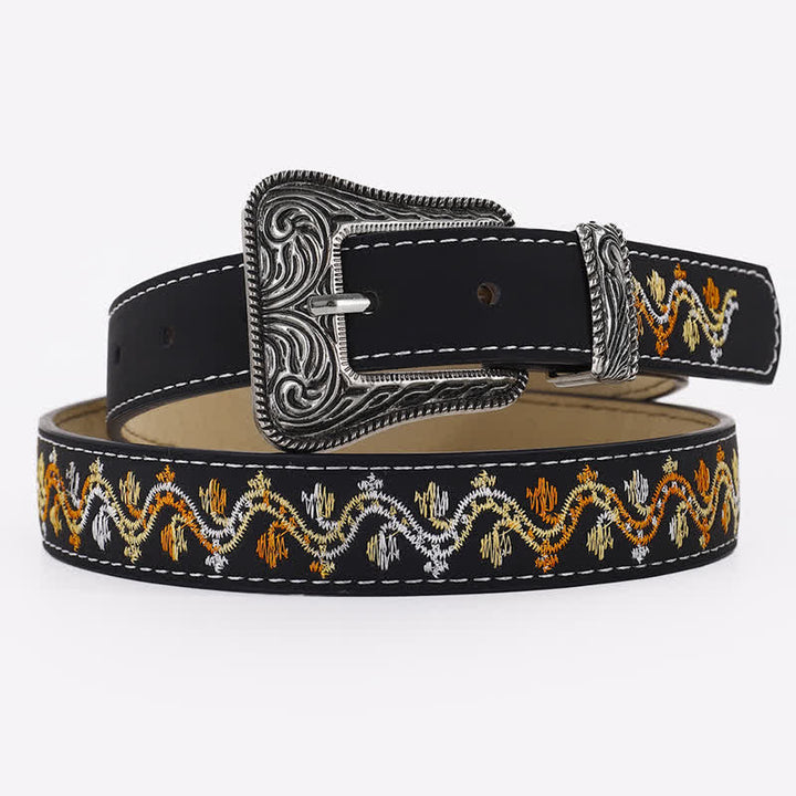 Damen schwarzer orange-weißer bestickter Ledergürtel
