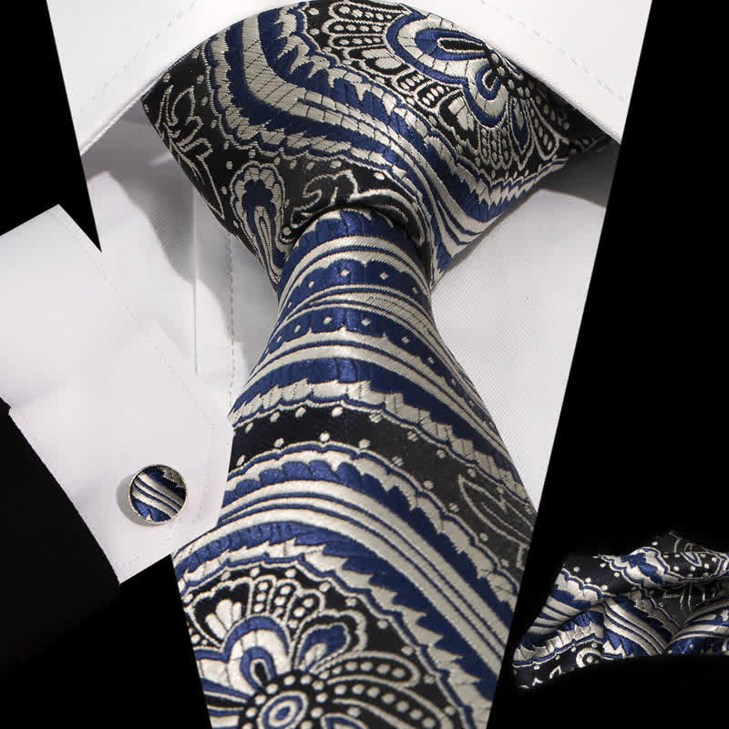 3Pcs Herren Neuheit Blau Silber Paisley Jacquard Krawatten Set - Blau   Silber - image 0