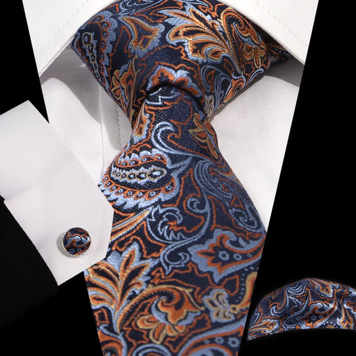 3-teiliges Herren-Set mit schöner blauer und orangefarbener Paisley-Fliegenkrawatte