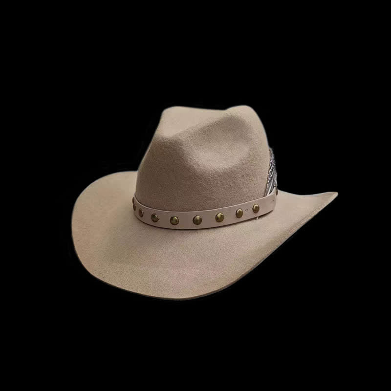 Western-Rivets-Studded-Feather-Detailed-Cowboy-Hat - Kamelfarben - L (23 1/4"-23 5/8") - image 0