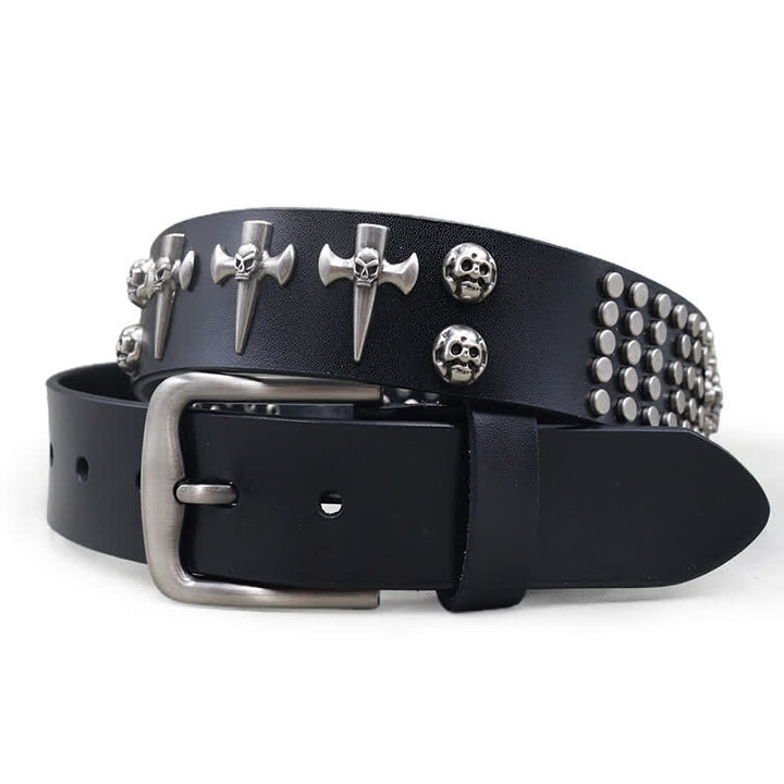 3-reihiger Punkrock-Ledergürtel mit Nieten im Totenkopf-Design