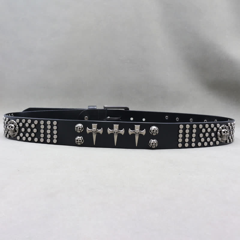 3-reihiger Punkrock-Ledergürtel mit Nieten im Totenkopf-Design