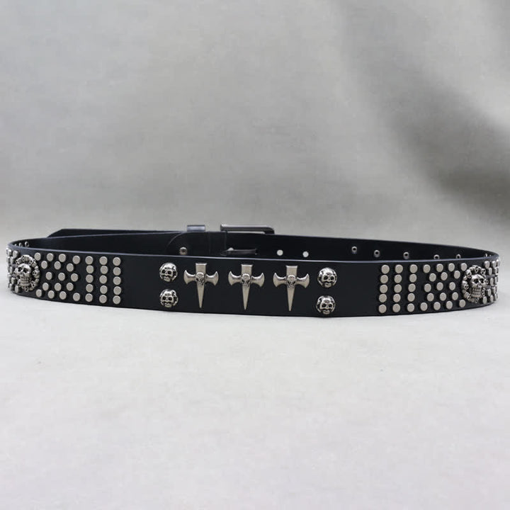 3-reihiger Punkrock-Ledergürtel mit Nieten im Totenkopf-Design