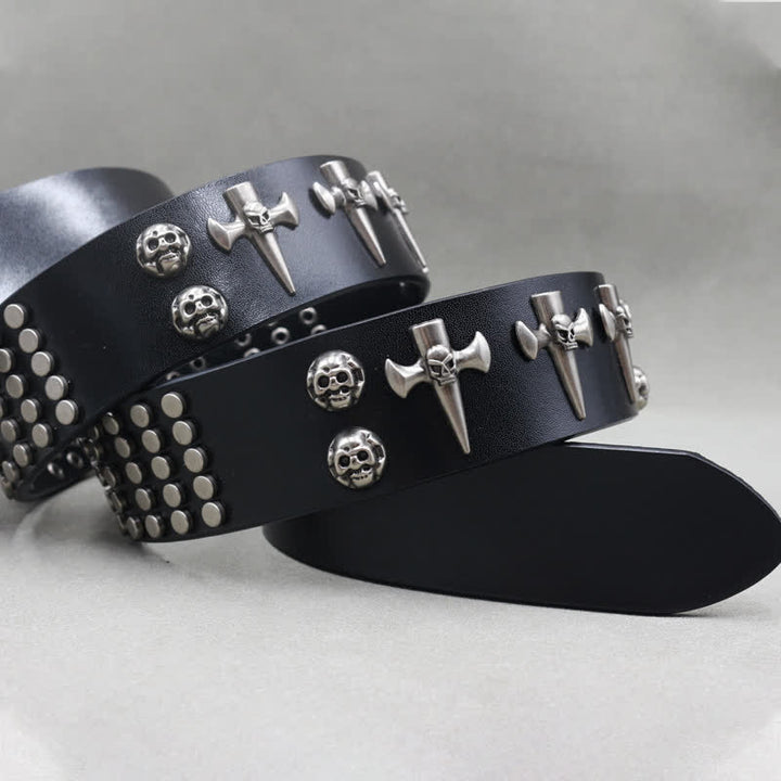 3-reihiger Punkrock-Ledergürtel mit Nieten im Totenkopf-Design