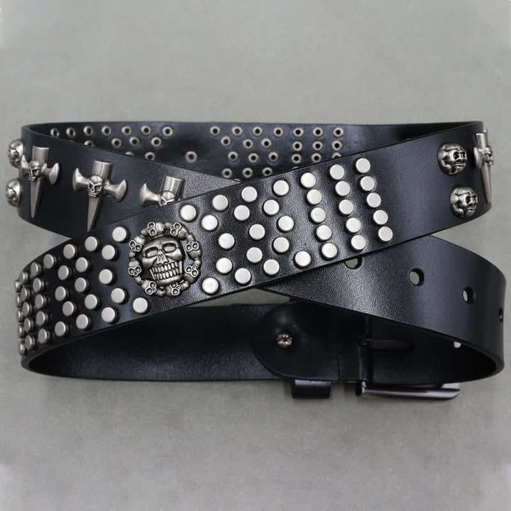 3-reihiger Punkrock-Ledergürtel mit Nieten im Totenkopf-Design