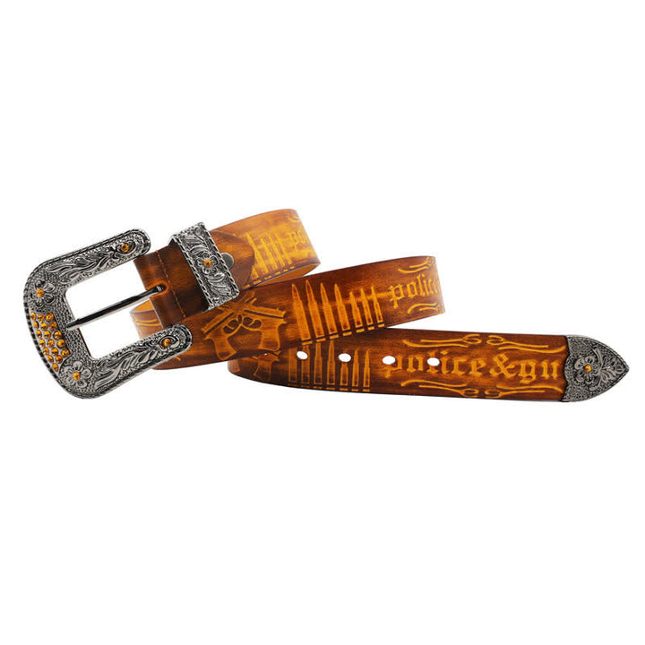 Rhinestones Buckle Gun Bullet Embossment Leder Gürtel