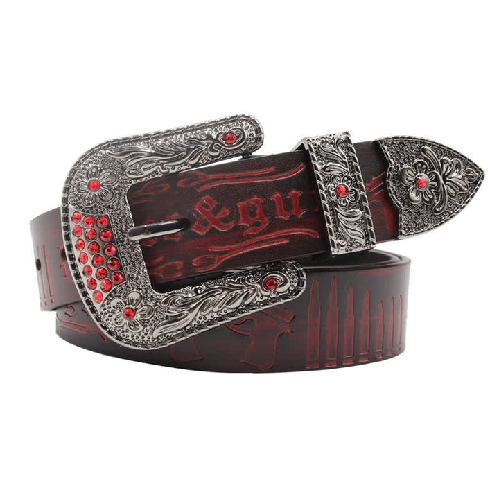 Rhinestones Buckle Gun Bullet Embossment Leder Gürtel
