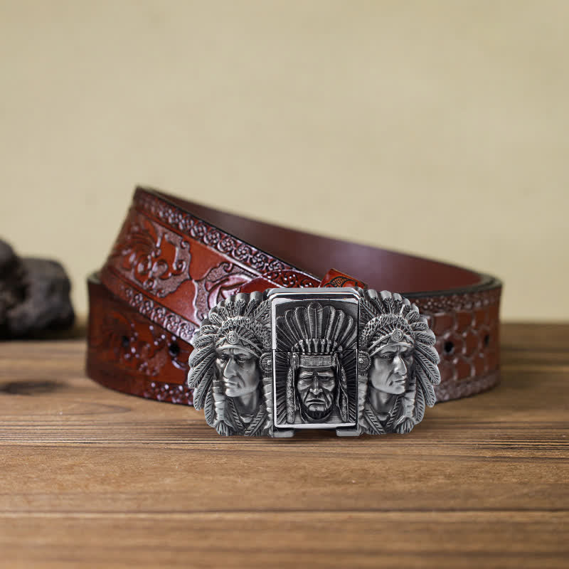 Herren DIY Indian Chief Head Ledergürtel mit verdecktem Feuerzeug