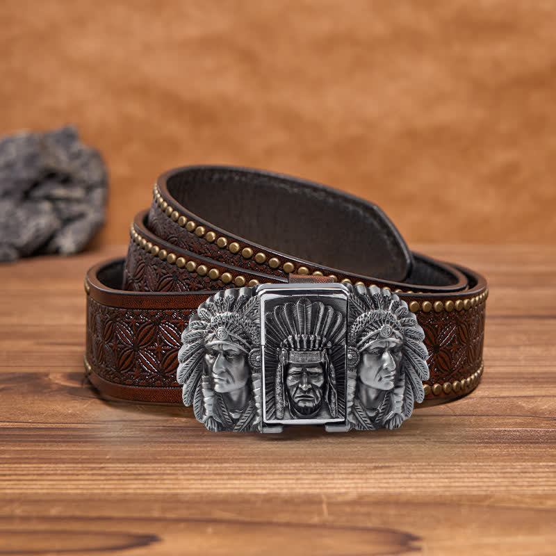 Herren DIY Indian Chief Head Ledergürtel mit verdecktem Feuerzeug