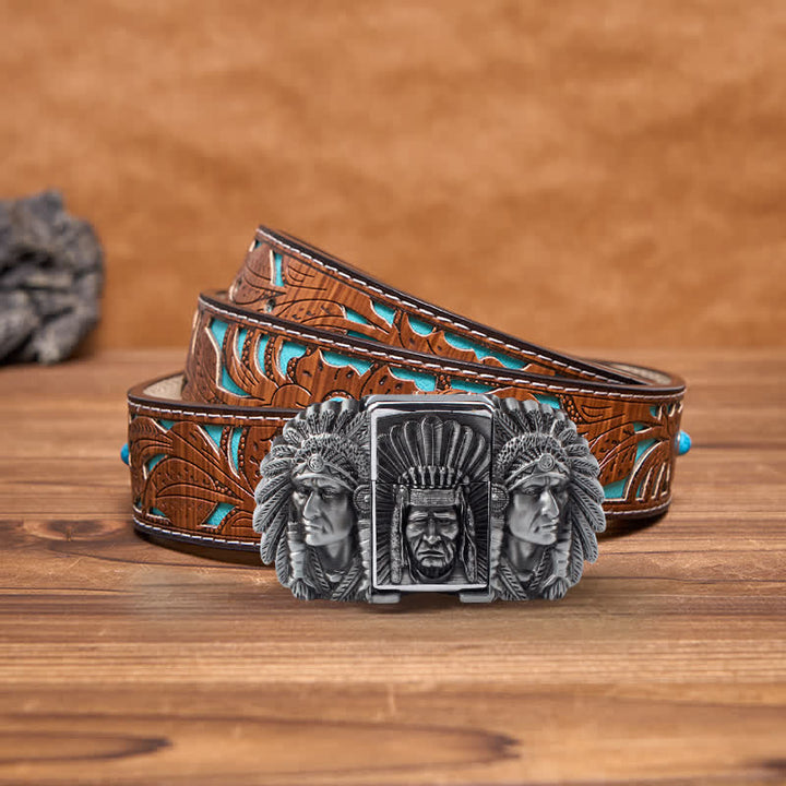 Herren DIY Indian Chief Head Ledergürtel mit verdecktem Feuerzeug