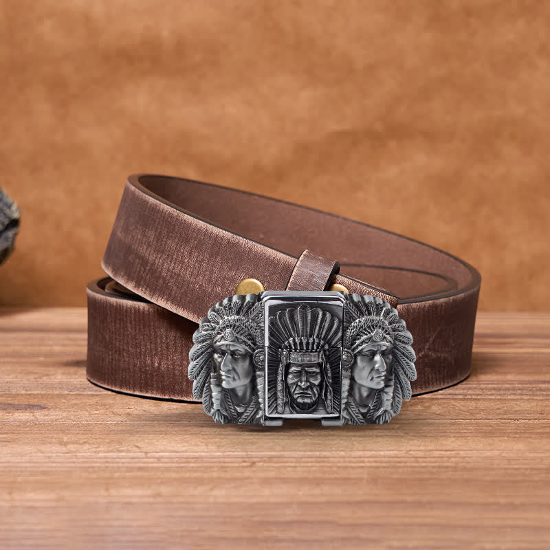 Herren DIY Indian Chief Head Ledergürtel mit verdecktem Feuerzeug