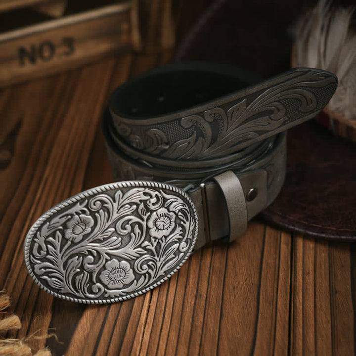 Westerngürtel mit geschnitzter Blumenschnalle, Cowboykleid, Ledergürtel