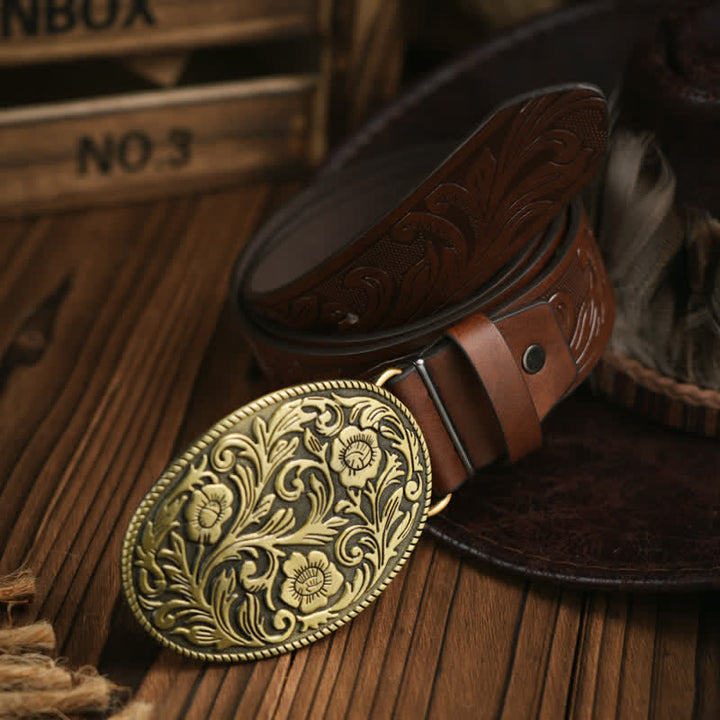 Westerngürtel mit geschnitzter Blumenschnalle, Cowboykleid, Ledergürtel