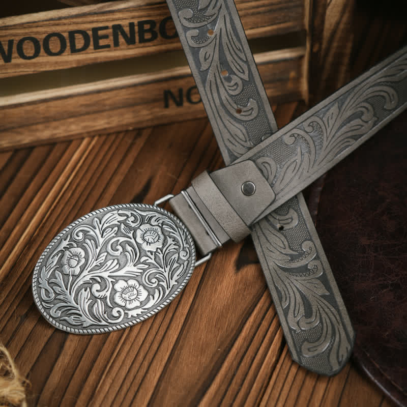 Westerngürtel mit geschnitzter Blumenschnalle, Cowboykleid, Ledergürtel