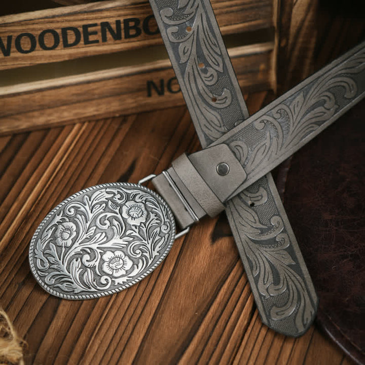 Westerngürtel mit geschnitzter Blumenschnalle, Cowboykleid, Ledergürtel