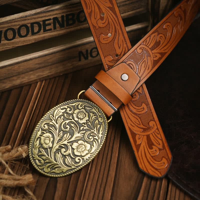 Westerngürtel mit geschnitzter Blumenschnalle, Cowboykleid, Ledergürtel