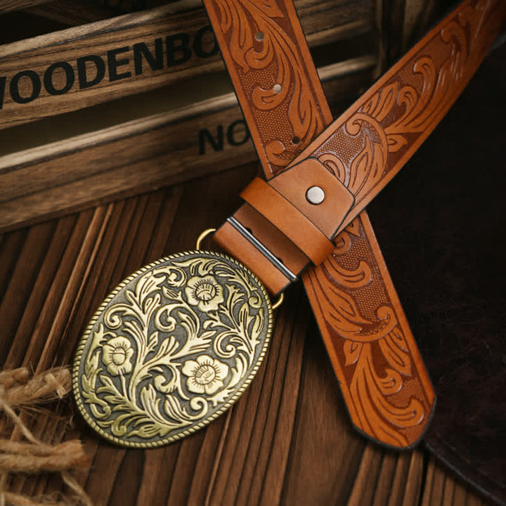 Westerngürtel mit geschnitzter Blumenschnalle, Cowboykleid, Ledergürtel