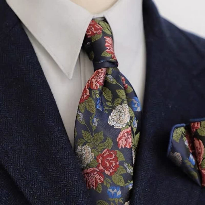 Herrenkrawatte im Vintage-Stil mit blauem und rotem Rosenprint