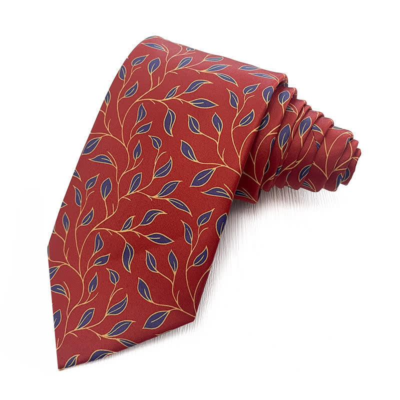 Dunkelrote &amp; marineblaue Krawatte mit floralen Blättern für Herren