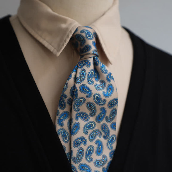Herrenkrawatte in Khaki und Blau mit Retro Paisley-Muster