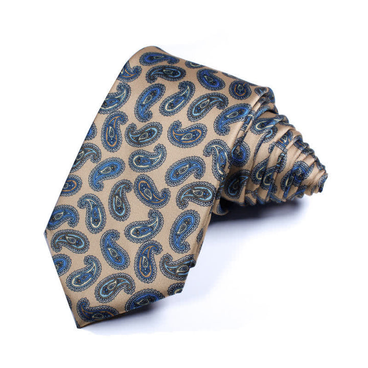 Herrenkrawatte in Khaki und Blau mit Retro Paisley-Muster
