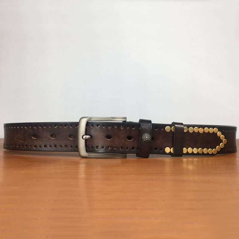Vintage Retro bronzefarbener runder Nieten bestückter Ledergürtel