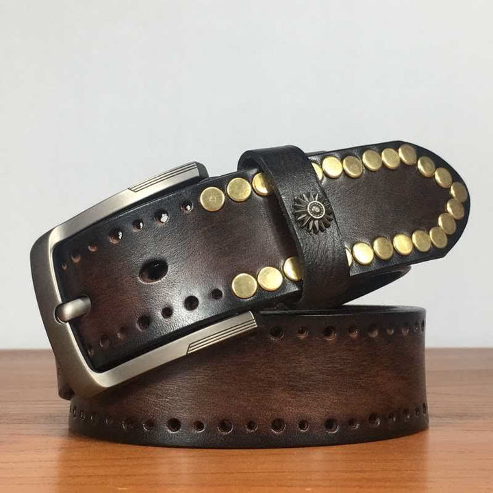 Vintage Retro bronzefarbener runder Nieten bestückter Ledergürtel