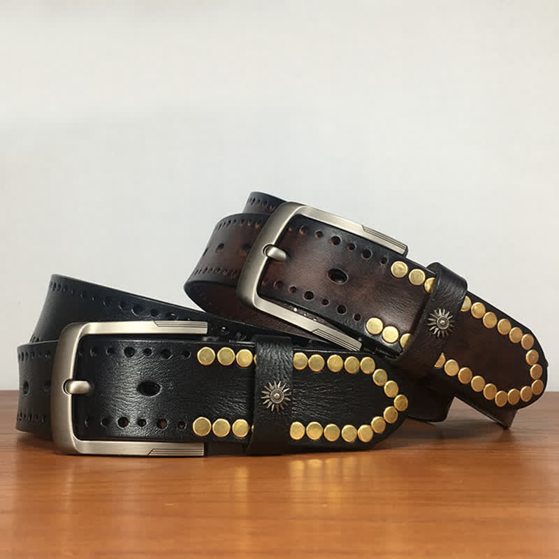 Vintage Retro bronzefarbener runder Nieten bestückter Ledergürtel