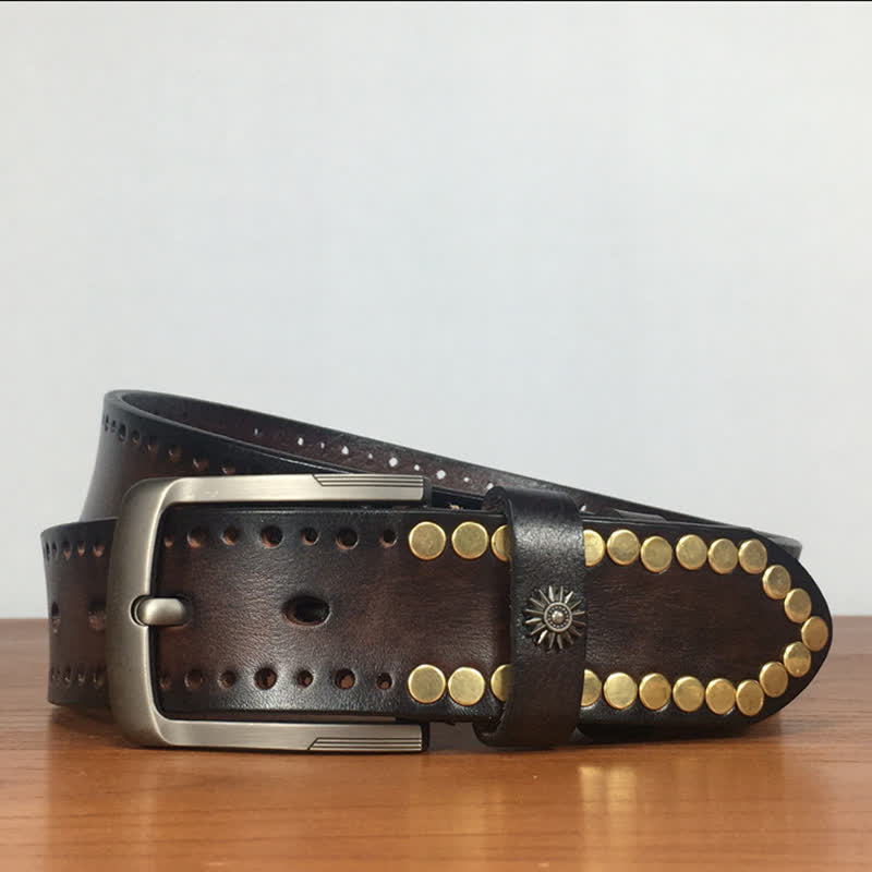 Vintage Retro bronzefarbener runder Nieten bestückter Ledergürtel