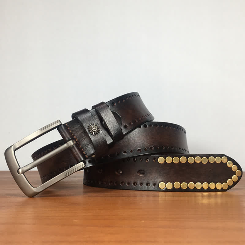 Vintage Retro bronzefarbener runder Nieten bestückter Ledergürtel