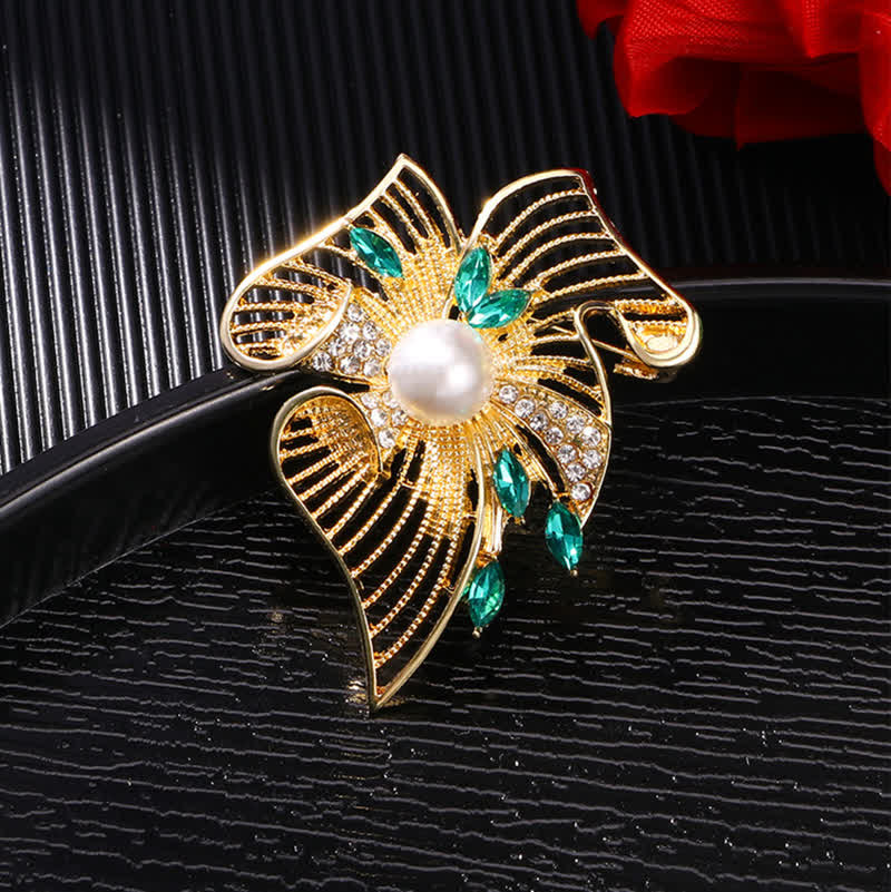 Damen Gold Hohlblatt Perle Strass Brosche