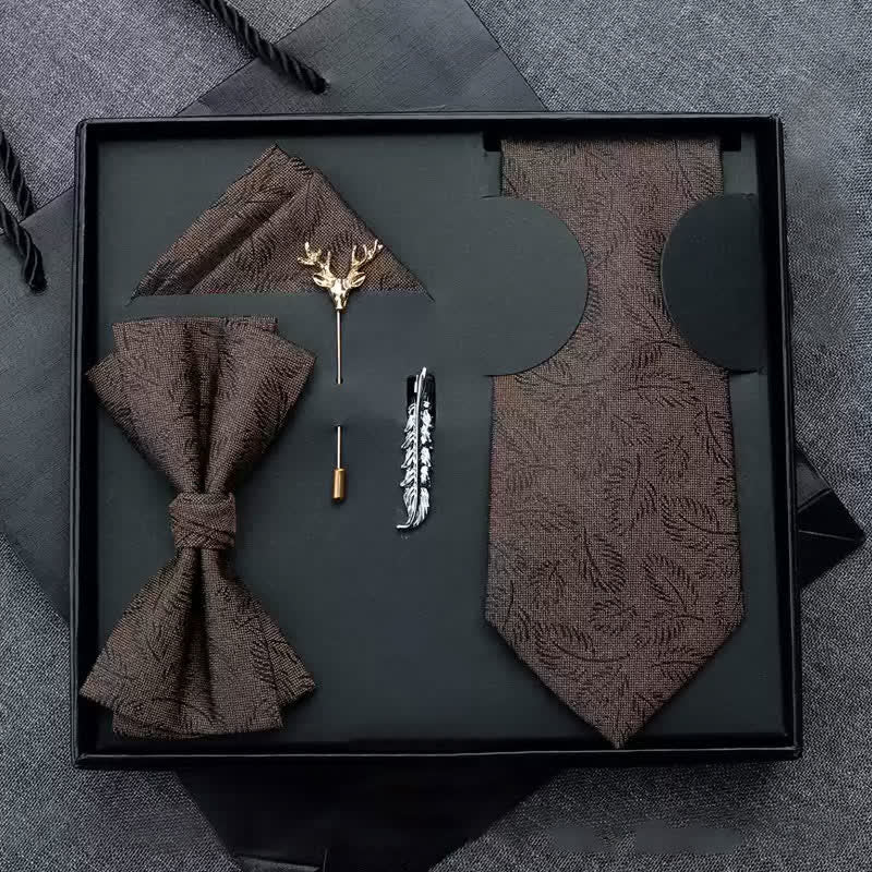 5Stk. Herren Casual Dunkelbraune Blätter Print Fliegen Geschenkbox - Vorgebunden - Dunkelbraun - image 0