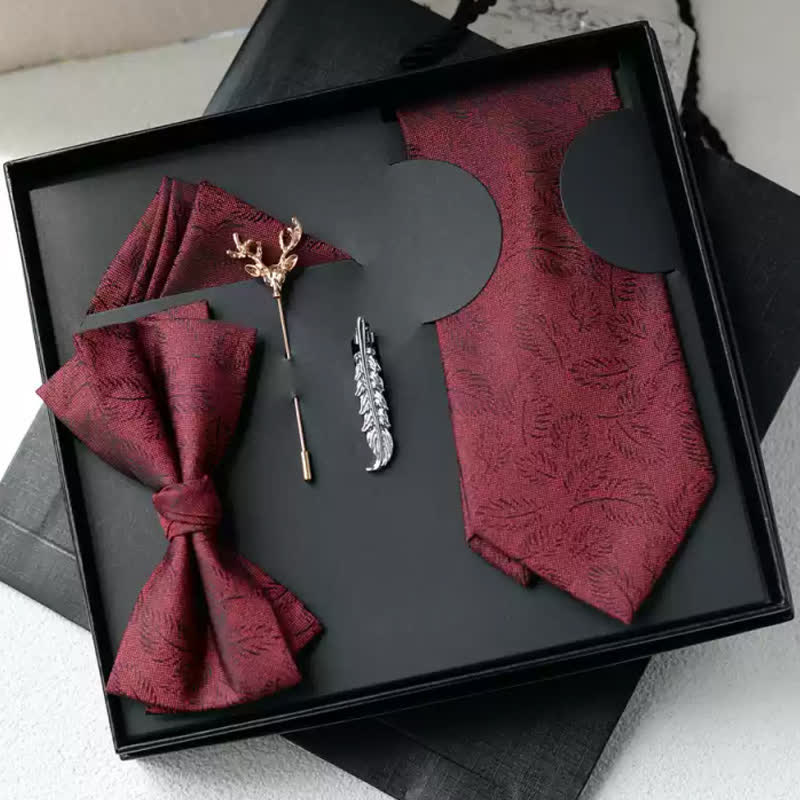 5Stk. Herren Casual Dunkelbraune Blätter Print Fliegen Geschenkbox - Selbstbinder - Dunkelrot - image 5