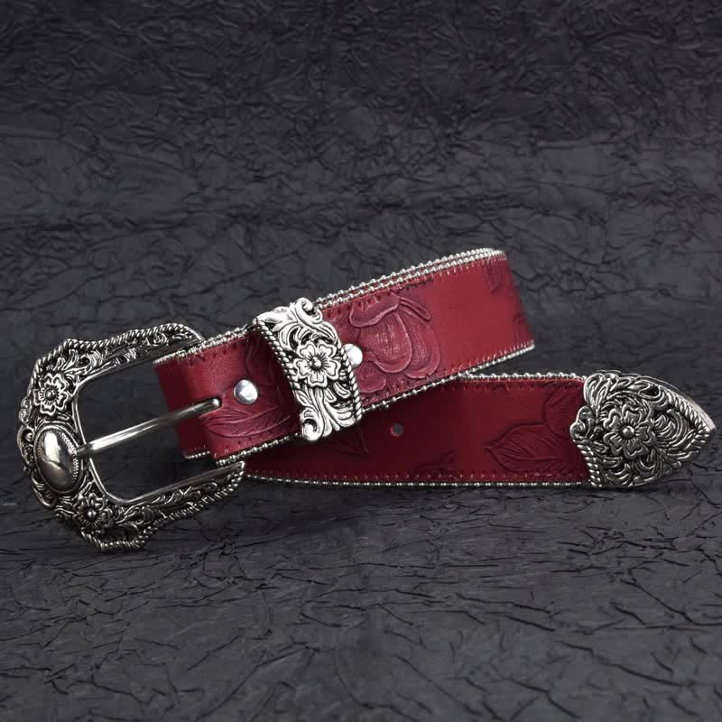 Dunkelroter Ledergürtel im Vintage-Stil für Damen mit Kettenperlen