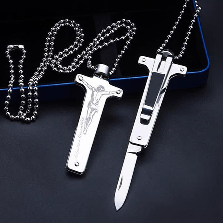 Mini-Kreative Halskette mit Anhänger zum Aufklappen eines Messers mit Jesus-Kreuz