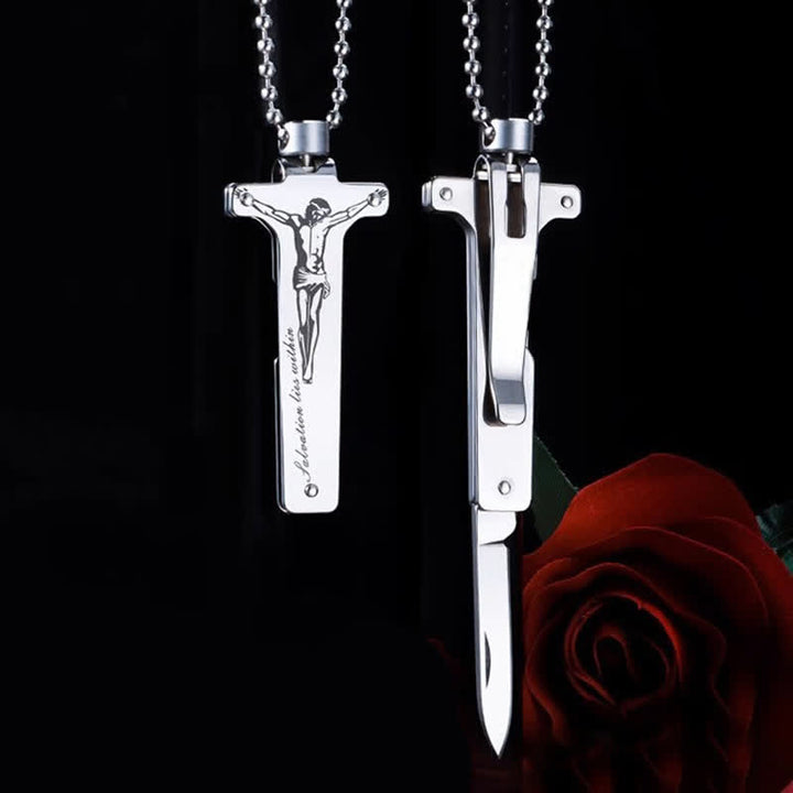 Mini-Kreative Halskette mit Anhänger zum Aufklappen eines Messers mit Jesus-Kreuz
