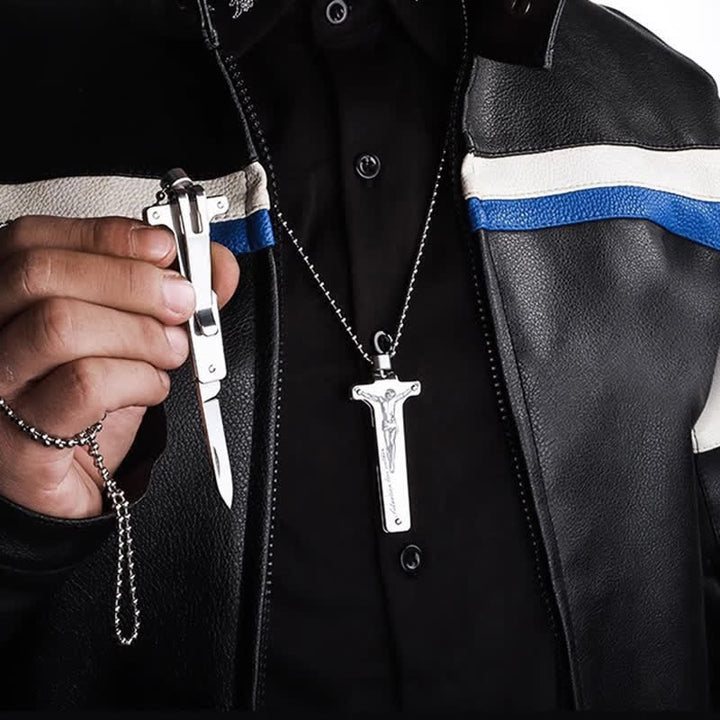 Mini-Kreative Halskette mit Anhänger zum Aufklappen eines Messers mit Jesus-Kreuz