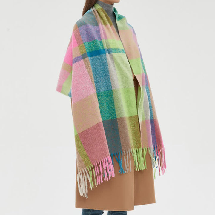 Verdickter Winterschal mit Fransen und Regenbogenkaromuster für Unisex