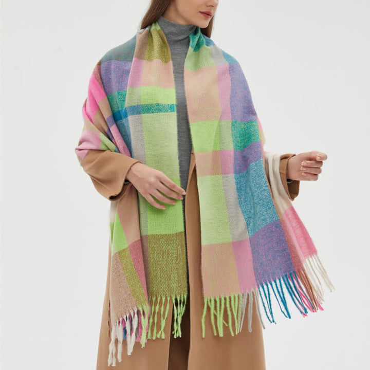 Verdickter Winterschal mit Fransen und Regenbogenkaromuster für Unisex