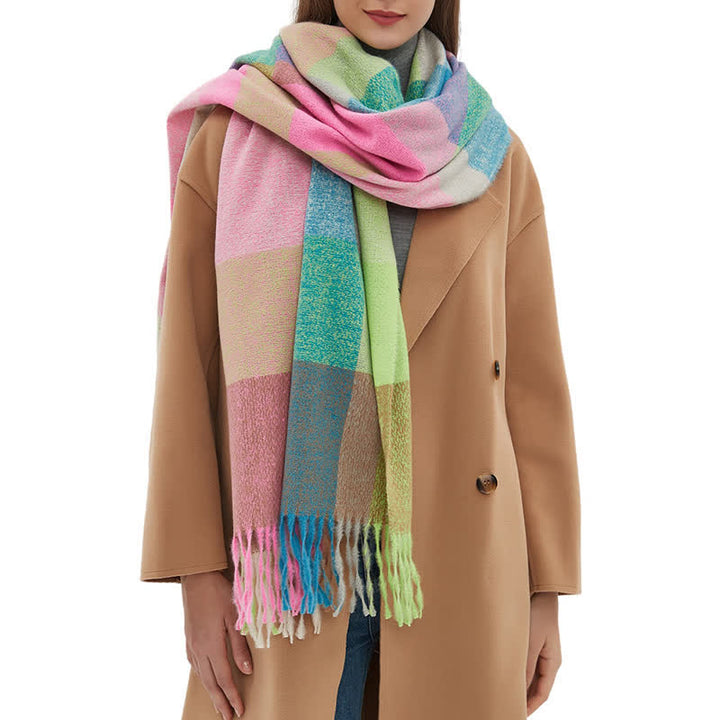 Verdickter Winterschal mit Fransen und Regenbogenkaromuster für Unisex