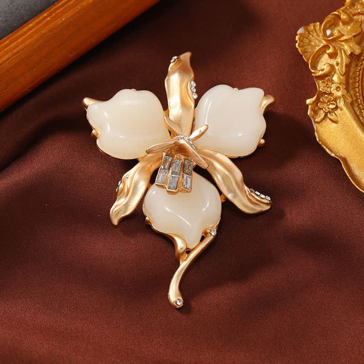 Damen Brosche mit Orchideenblütenblatt aus Kunstharz in Metallic