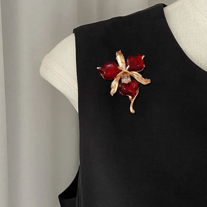 Damen Brosche mit Orchideenblütenblatt aus Kunstharz in Metallic