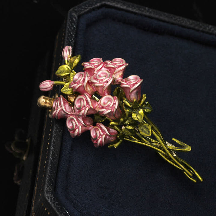 Süße Brosche mit Rosenstrauß in Rosa und Grün für Damen