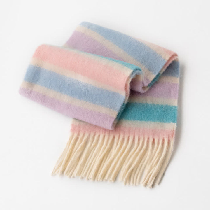 Unisex Mohairschal mit Quasten in Regenbogenfarben und Kontrastfarbe
