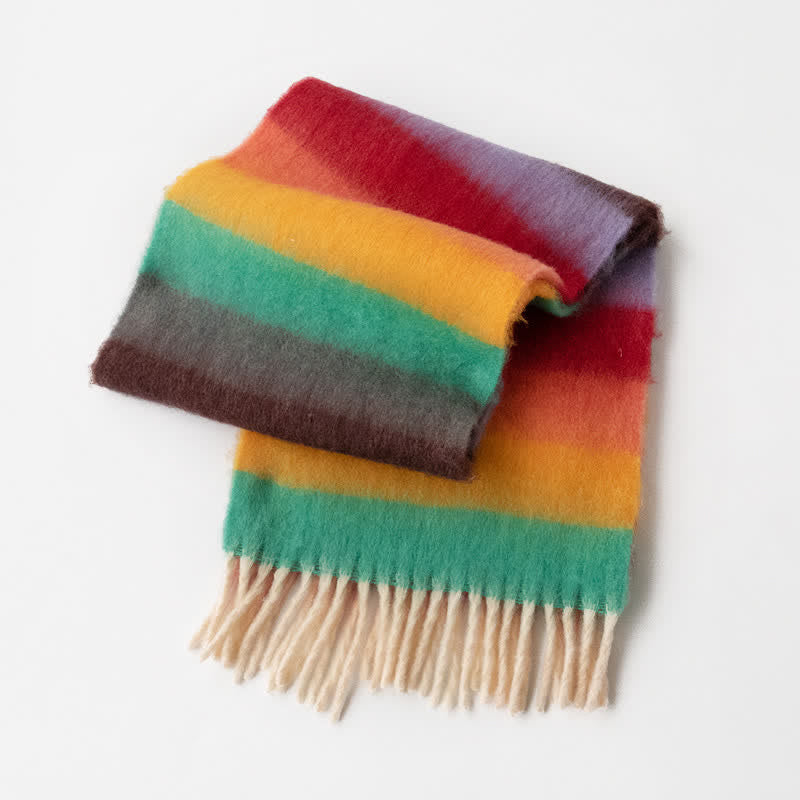 Unisex Mohairschal mit Quasten in Regenbogenfarben und Kontrastfarbe