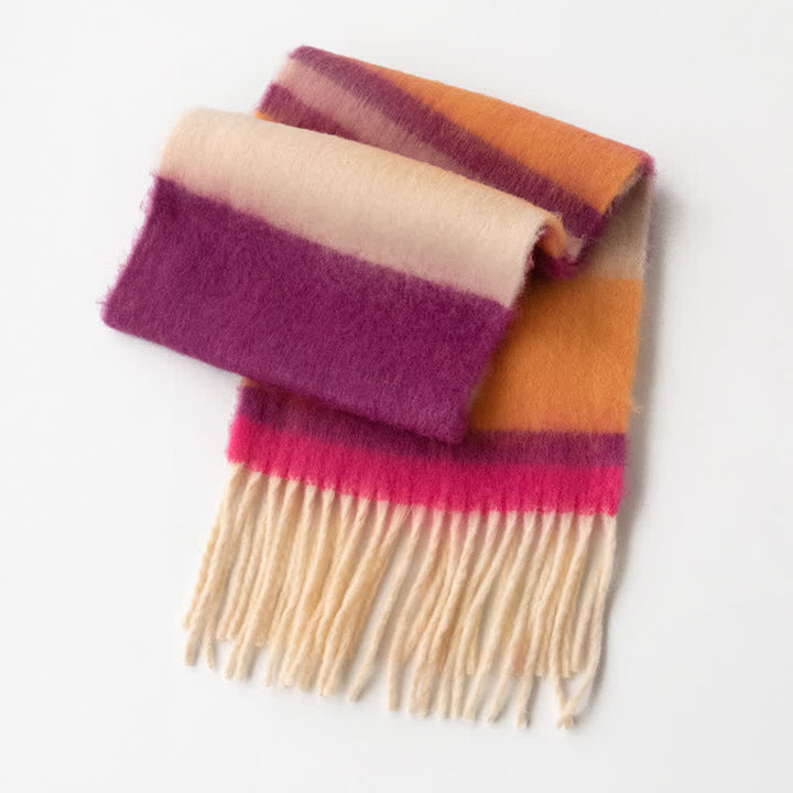 Unisex Mohairschal mit Quasten in Regenbogenfarben und Kontrastfarbe